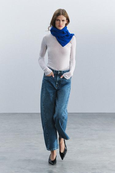Zara ZW COLLECTION 中腰寬鬆及踝牛仔褲 - 中藍色