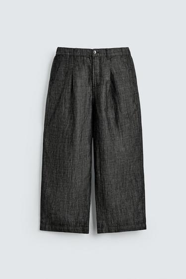 RELAXED FIT COTTON-LINEN TROUSERS - Black / White by Zara