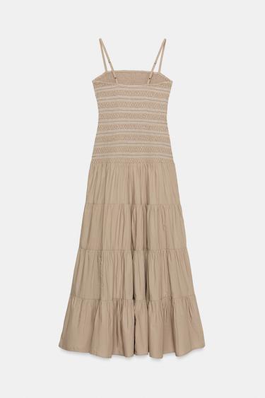 EMBROIDERED SMOCKED MIDI DRESS - Dark beige by Zara - Image 8