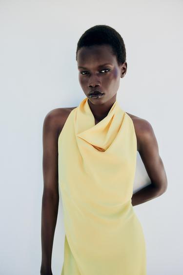 zara gold satin dress GATHERED SATIN EFFECT MIDI DRESS - Light yellow