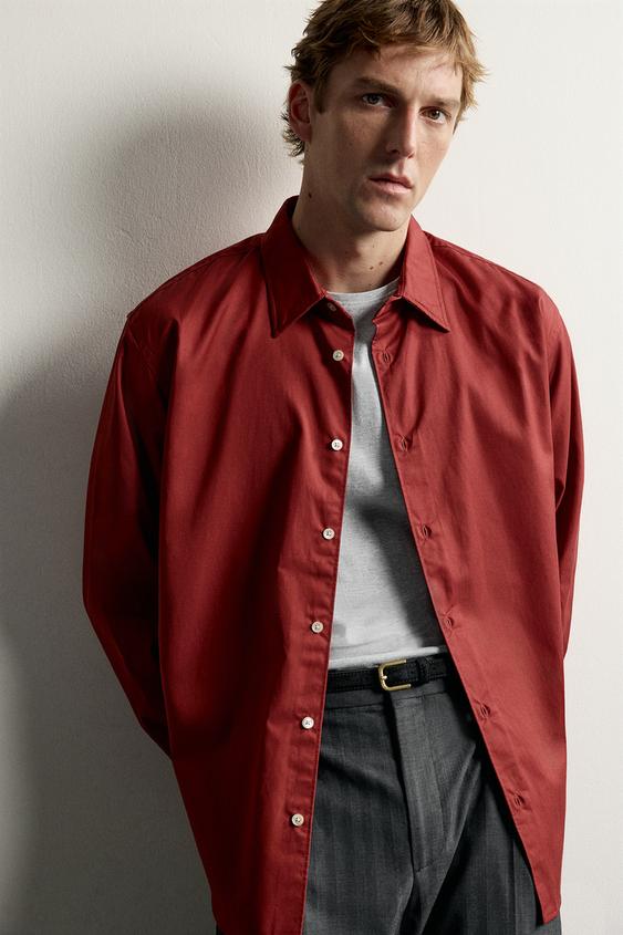 RELAXED FIT COTTON AND LYOCELL SHIRT - Red by Zara - Image 4