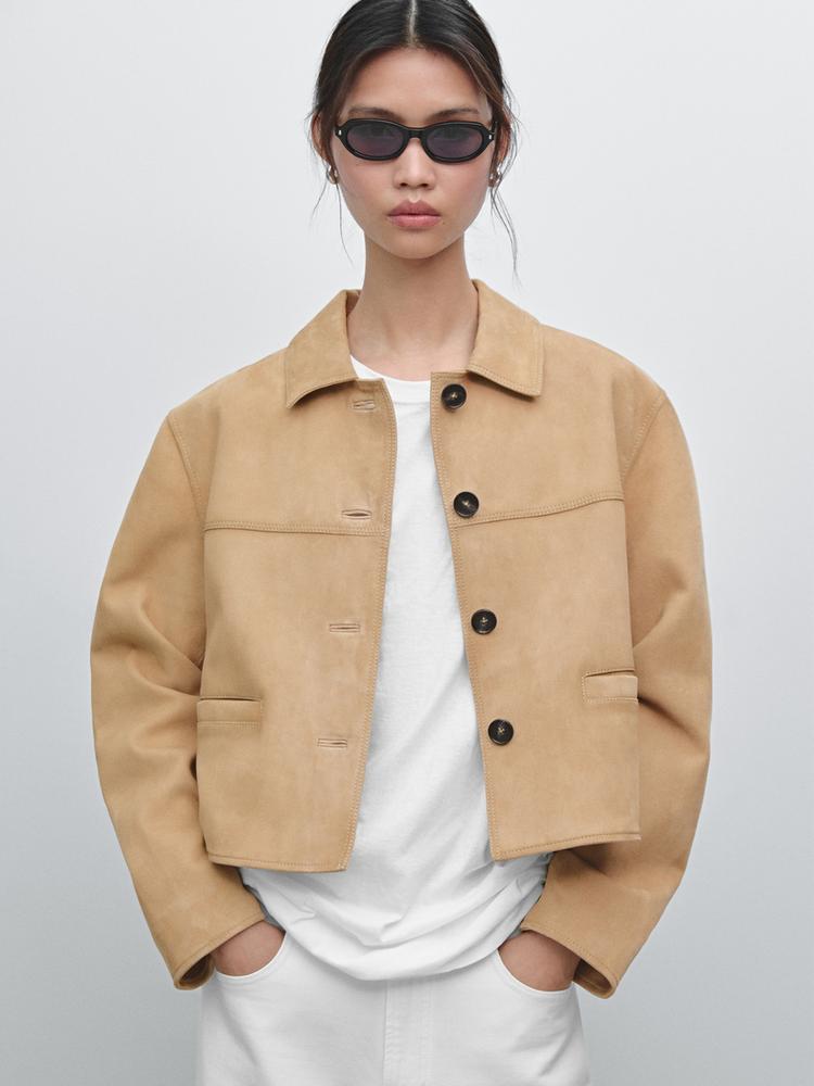 Short suede leather jacket with topstitching - Sand | ZARA United  