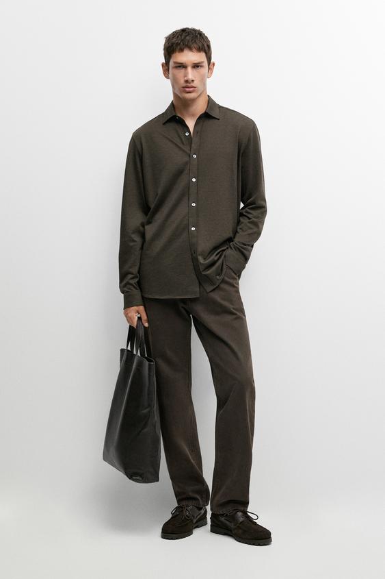 Zara Stretch slim fit cotton shirt - Brown - Image 0