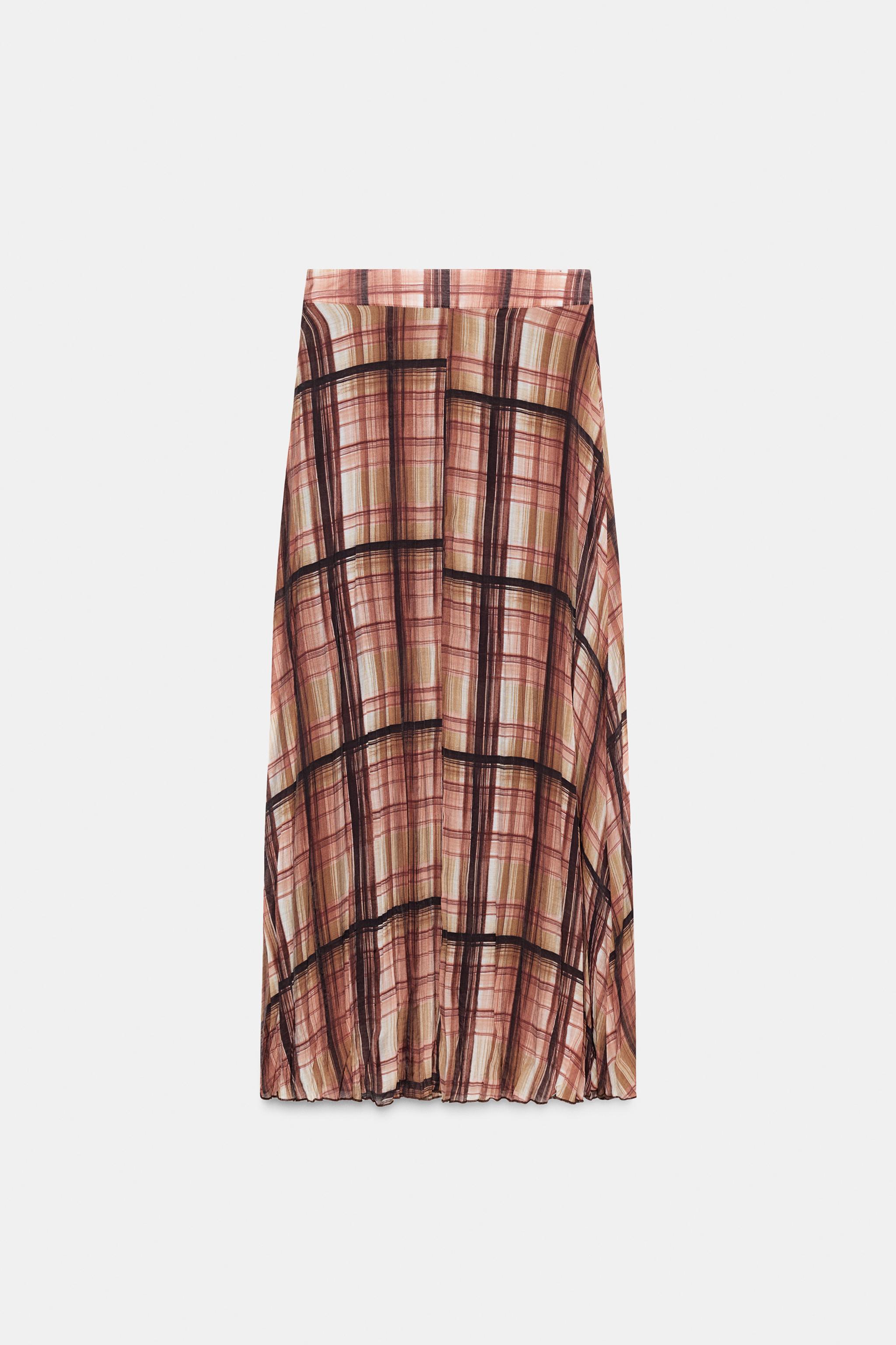 PLAID WRINKLED EFFECT MIDI SKIRT