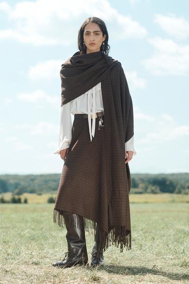 Zara LIMITED EDITION ASYMMETRIC HEM FRINGED SKIRT - Brown