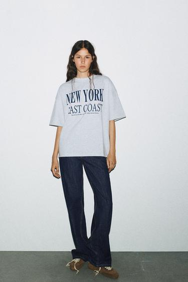 T-SHIRT WITH SLOGAN - Grey marl by Zara