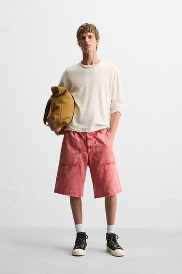 BERMUDA LAVADA RELAXED FIT - Rojo de Zara