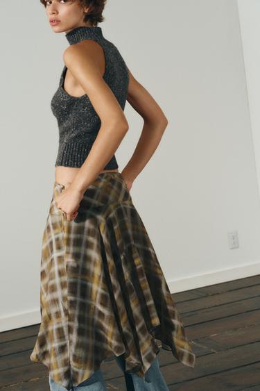 CHECK MIDI SKIRT - Khaki by Zara - Image 3