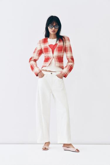 Zara ZW COLLECTION 格紋修身夾克 - 白色 / 紅色