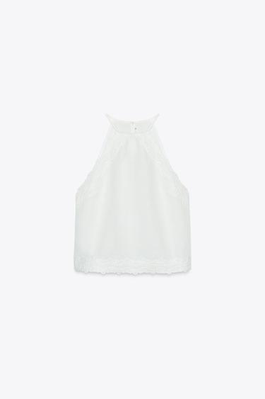 Zara COMBINED CROCHET HALTER TOP - White