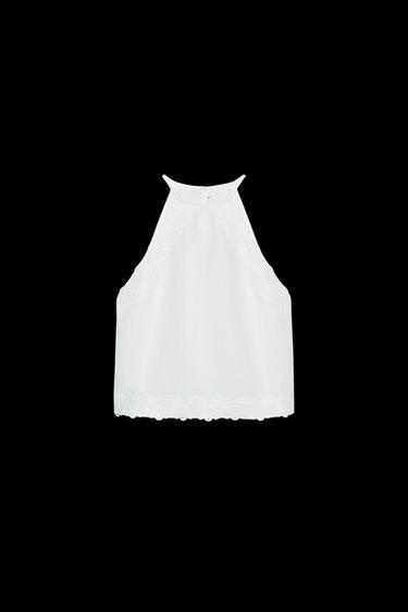 Zara HALTER TOP WITH CROCHET DETAIL - White - Image 0