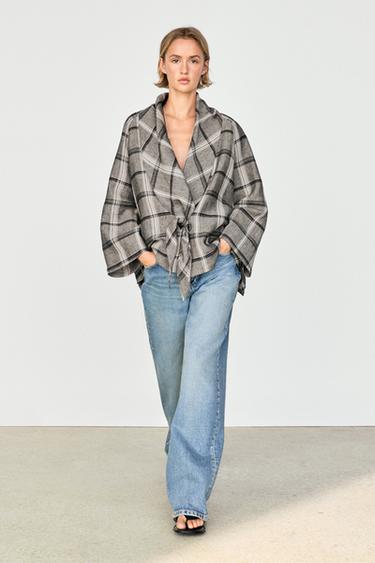 Zara Check tie-detail overshirt - Mid-gray - Image 0