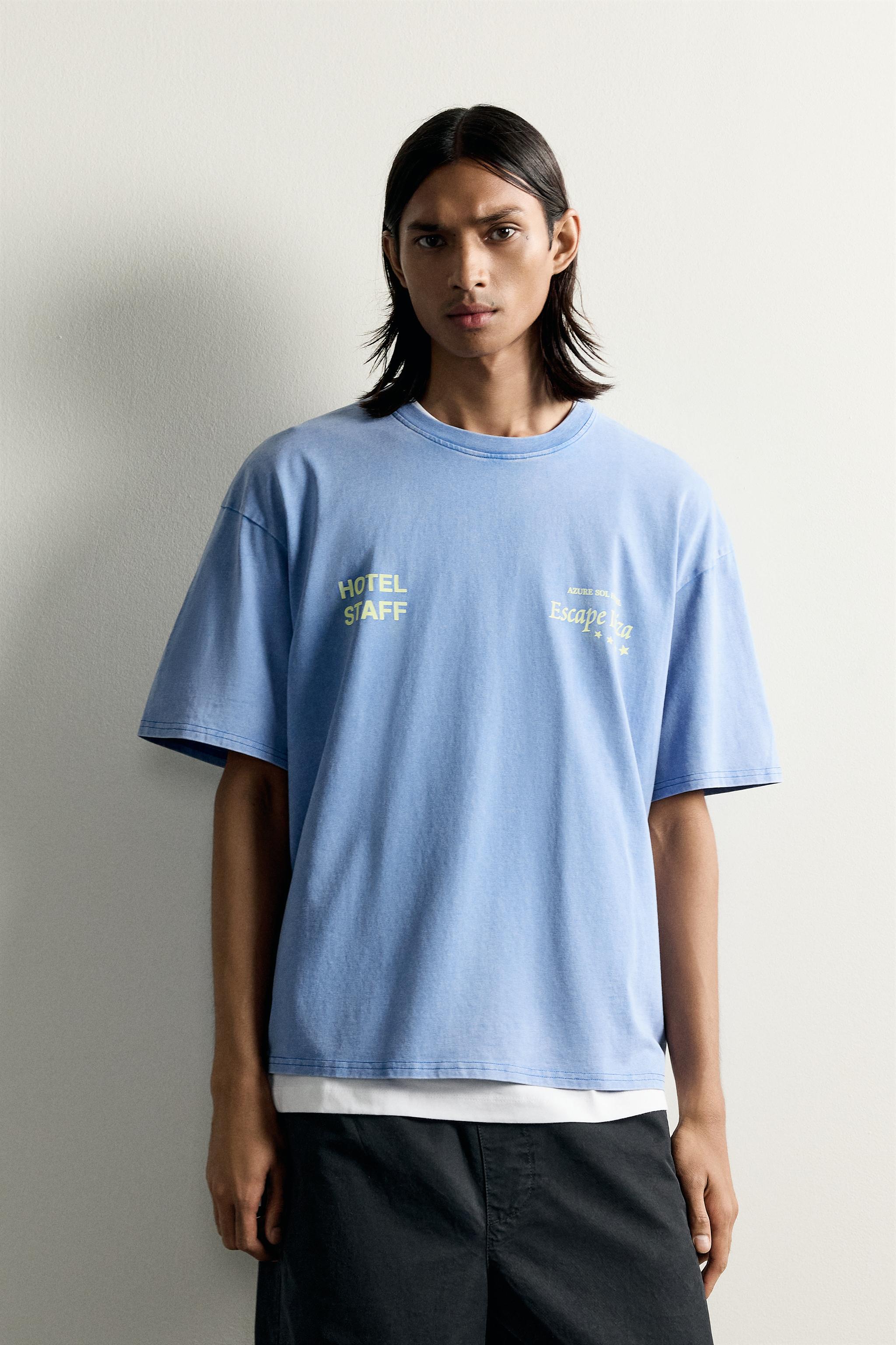 RELAXED FIT T-SHIRT WITH CONTRAST PRINTS - Light blue | ZARA Thailand