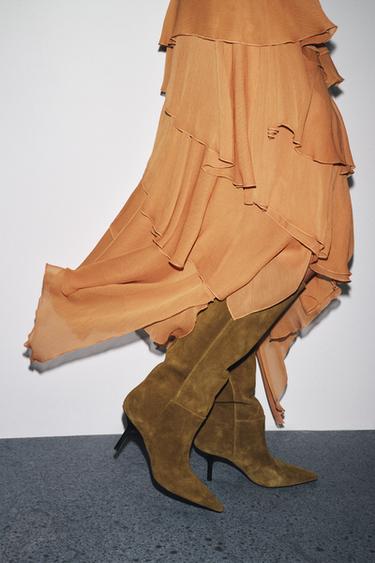 Zara SPLIT LEATHER KITTEN HEEL BOOTS - Olive Green