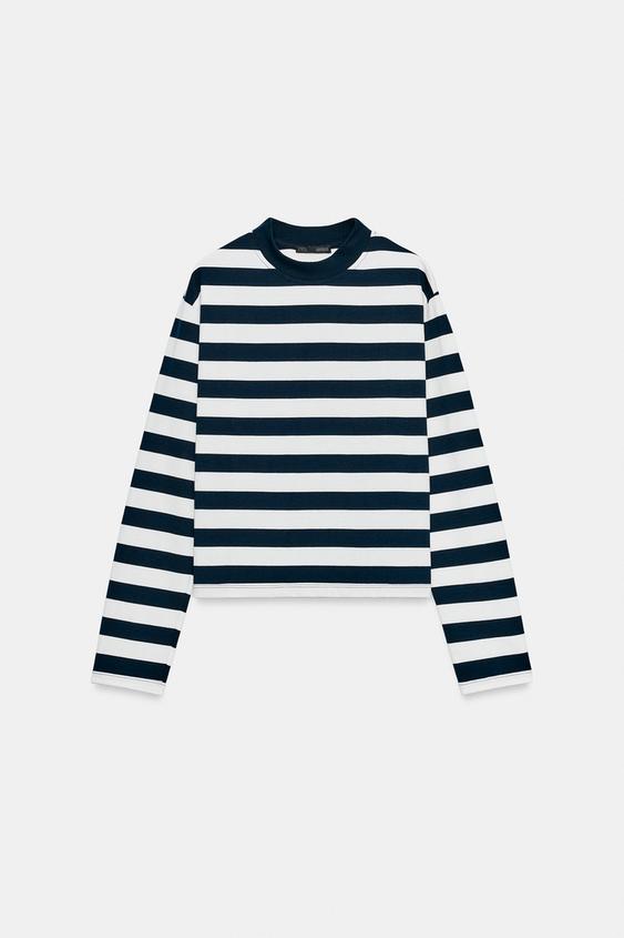 CAMISETA MANGA LARGA RAYAS - Blanco / Marino de Zara - Imagen 0