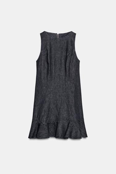 Zara TRF 牛仔布短版荷葉邊連身裙 - 深靛青色 - 圖片 0