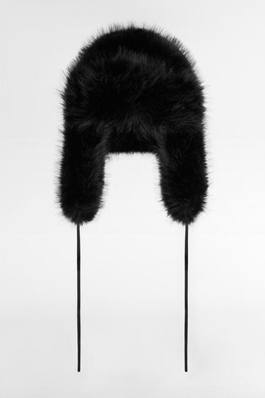 Zara FAUX FUR AVIATOR HAT - Black