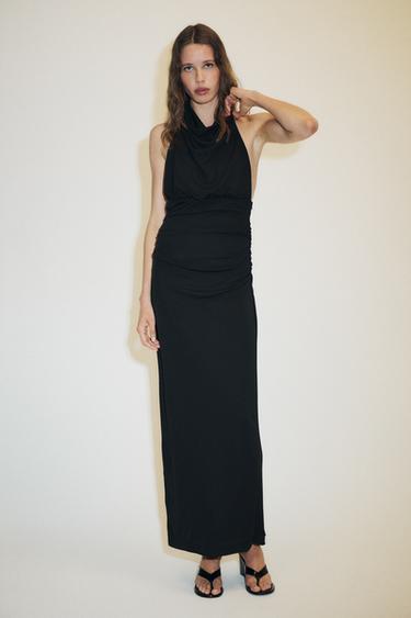 Zara 露背長版繞頸吊帶洋裝 - 黑色