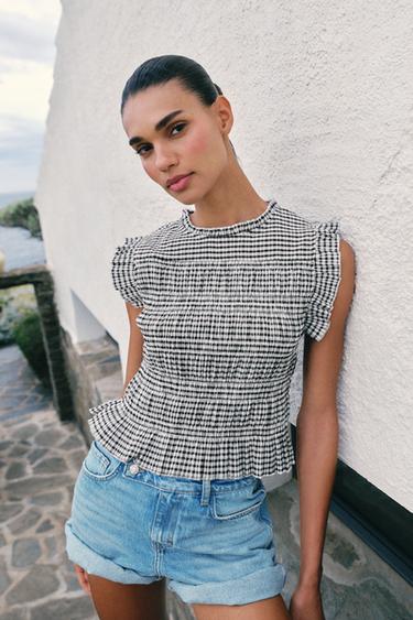 GINGHAM SMOCKED TOP — Brown / Ecru 2
