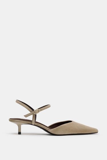 Zara SUEDE KITTEN HEEL SLINGBACKS - Sandy Brown