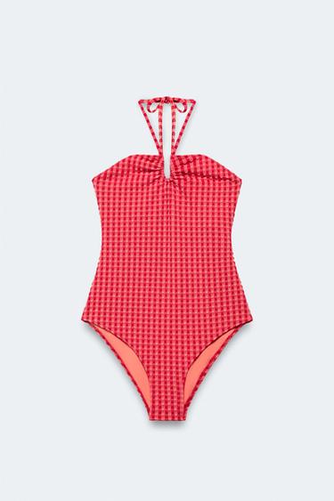 LIMITED EDITION HALTER GINGHAM SWIMSUIT - BURGANDY MARS by Zara