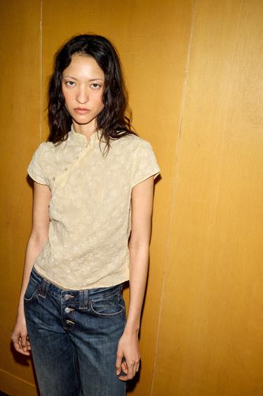 CHEMISE BRODÉE COL MAO - Jaune clair de Zara - Image 3