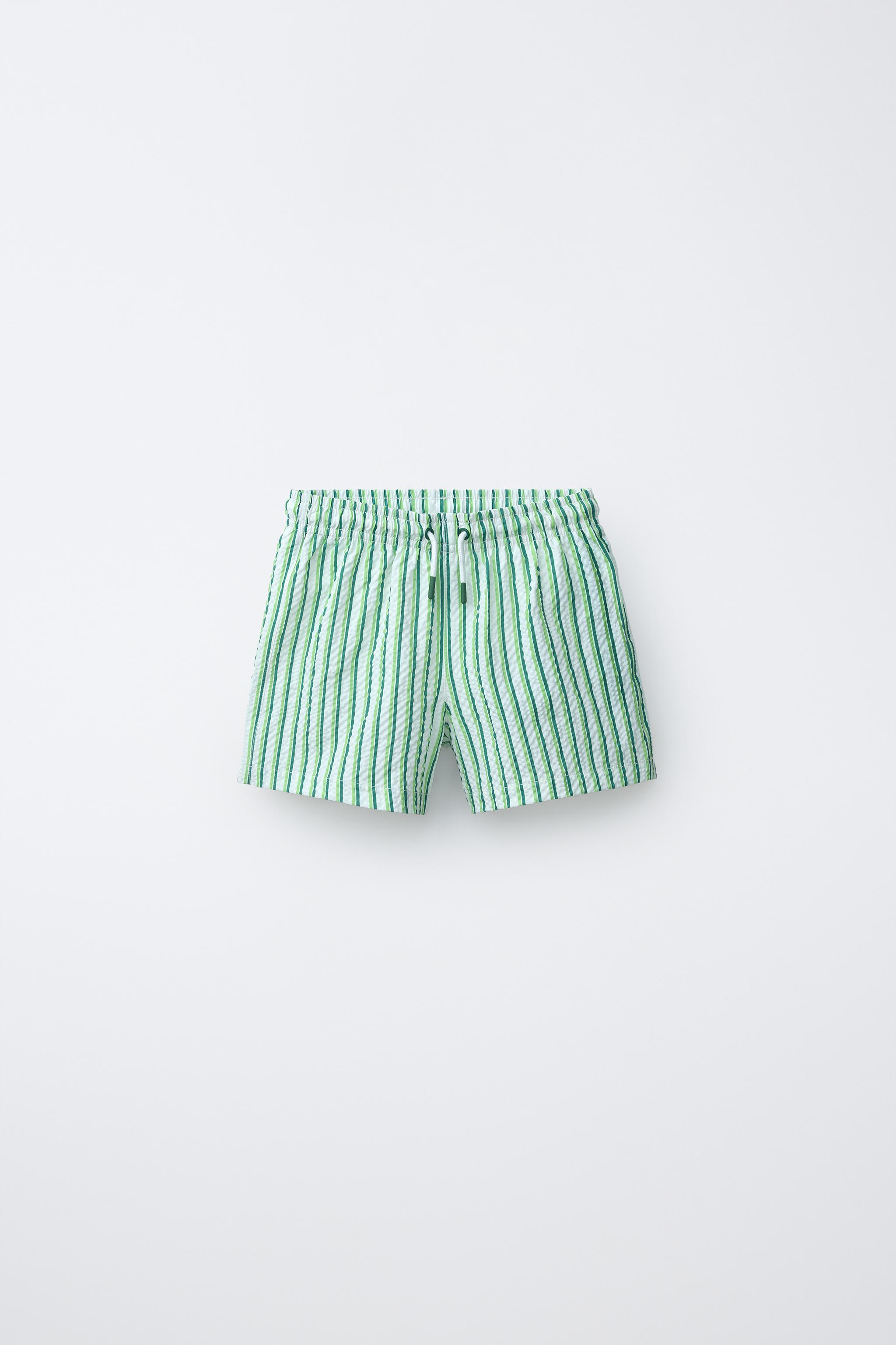 6-14 YEARS/ STRIPED SEERSUCKER SWIM SHORTS — Green (alternate view)