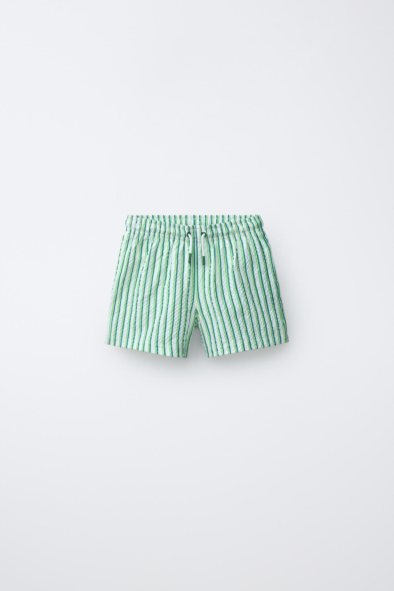 6-14 YEARS/ STRIPED SEERSUCKER SWIM SHORTS — Green