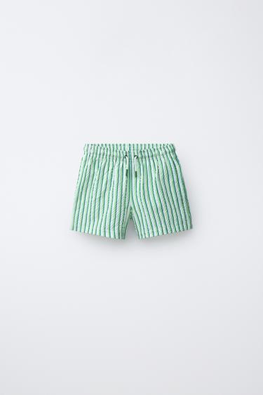 6-14 YEARS / STRIPED SEERSUCKER SWIM SHORTS - Green by Zara