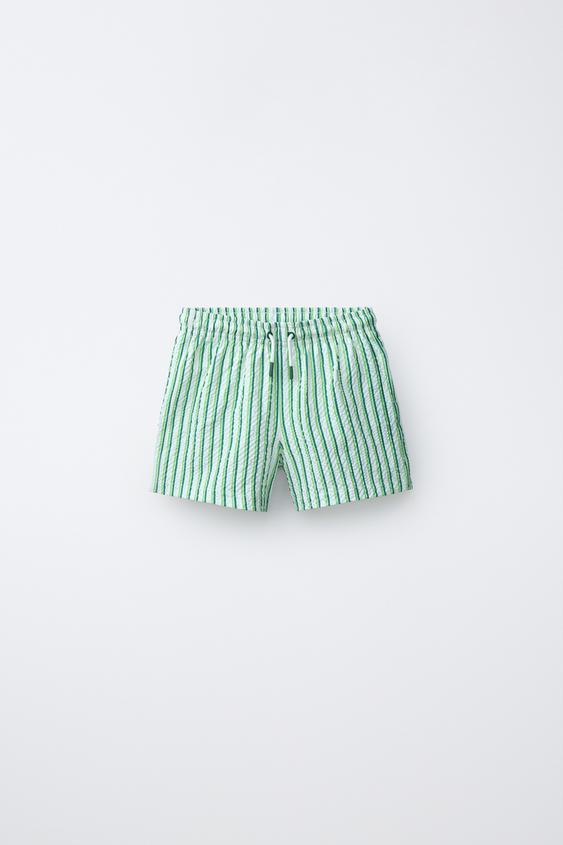 6-14 YEARS / STRIPED SEERSUCKER SWIM SHORTS - Green by Zara - Image 0