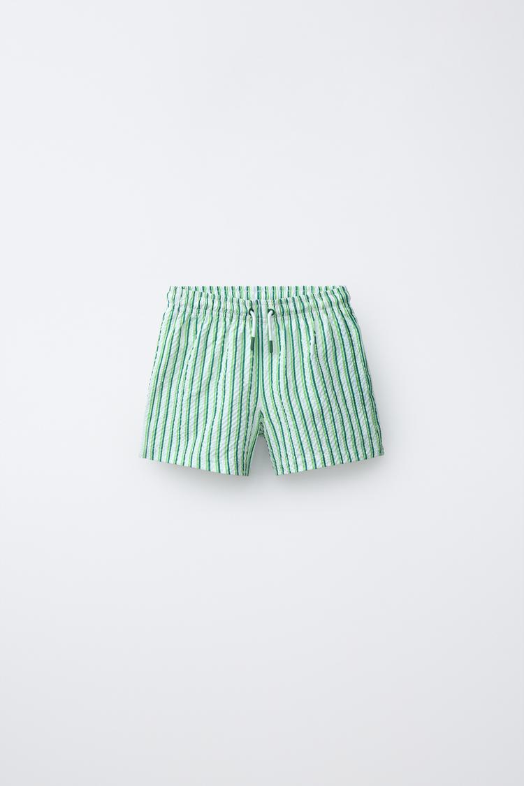 6-14 YEARS/ STRIPED SEERSUCKER SWIM SHORTS — Green