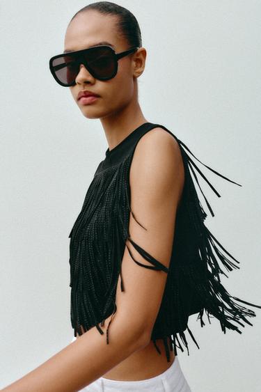 STUDDED FAUX SUEDE FRINGE TOP - Black by Zara - Image 4