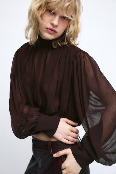DRAPED BLOUSE WITH BOW - Brown by Zara