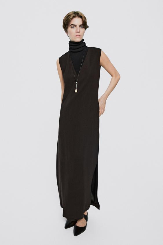Vestido midi escote pico - LIMITED EDITION - Marrón de Zara - Imagen 0