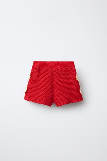 FLORAL CROCHET KNIT BERMUDA SHORTS - Red by Zara - Image 1