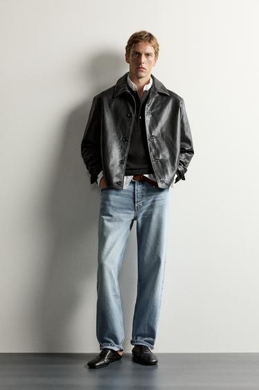 SOBRECAMISA BOXY FIT EFECTO PIEL PESPUNTES - Negro de Zara - Imagen 0