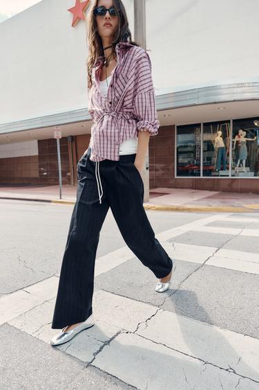 Zara 雙層腰身寬管褲 - 條紋