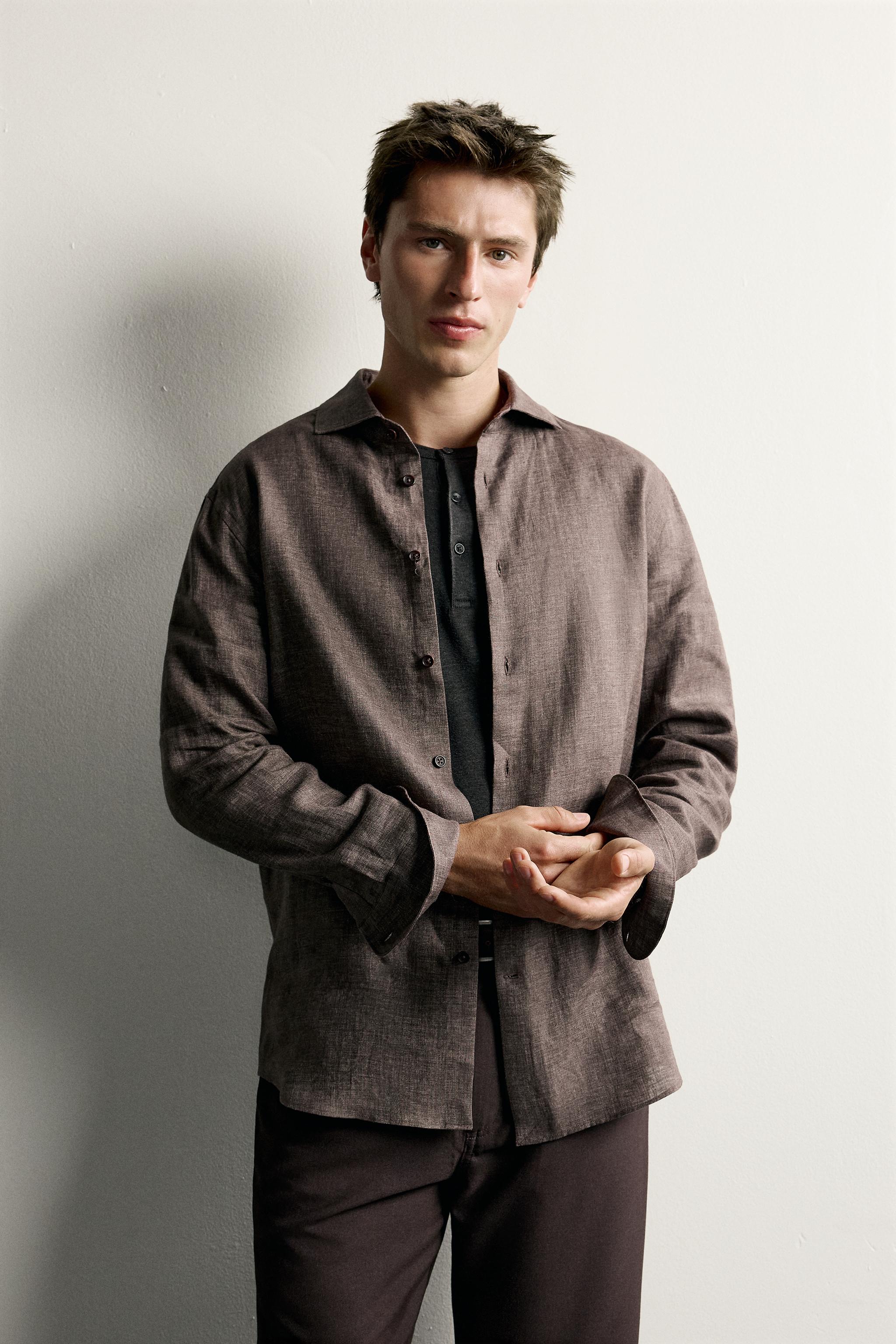 100% LINEN REGULAR FIT SHIRT — Brown