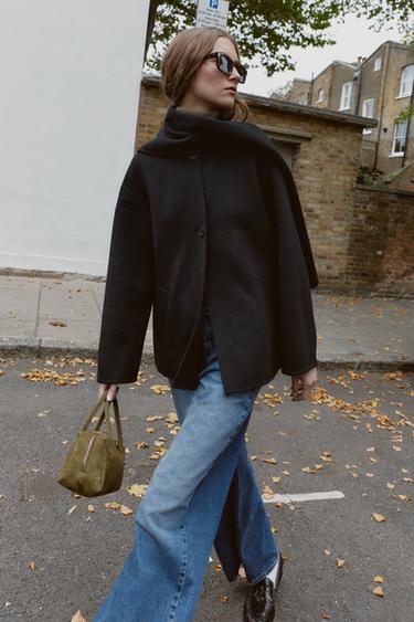 Zara WOOL BLEND SHORT COAT WITH SCARF - Black