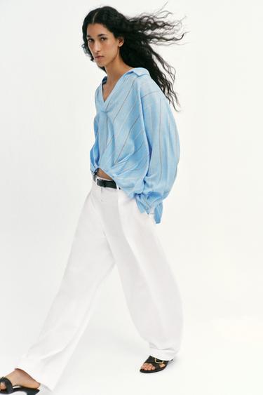 CHEMISE EN LIN À BASE BOUFFANTE - Sable / Bleu de Zara - Image 5