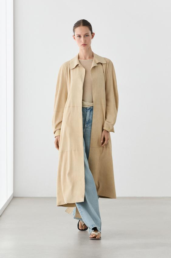 Manteau long en daim - écru/vert kaki de Zara - Image 0