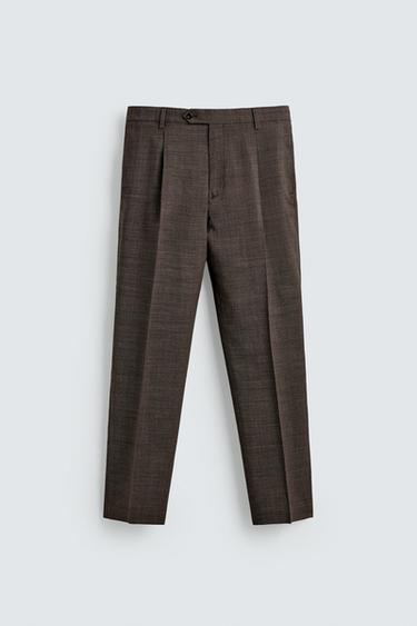 100% WOOL TEXTURED SUIT TROUSERS WITH PLEATS - Brown by Zara