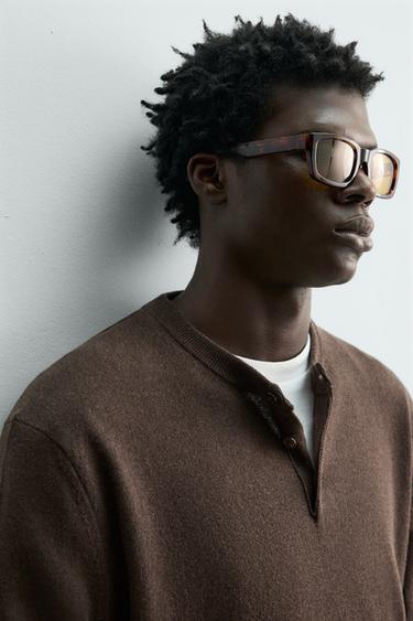 COTTON BLEND HENLEY NECK JUMPER - Chocolate by Zara