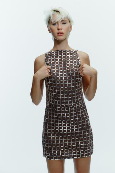 Zara SPARKLY MESH SHORT DRESS - Brown