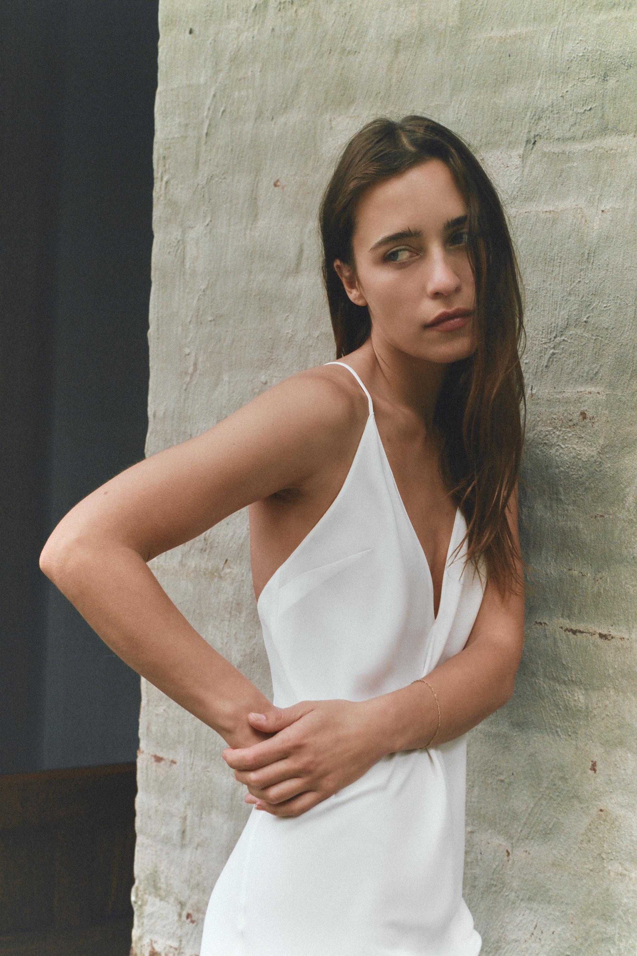 MULTIPOSITION STRAP SLIP DRESS — Oyster-white