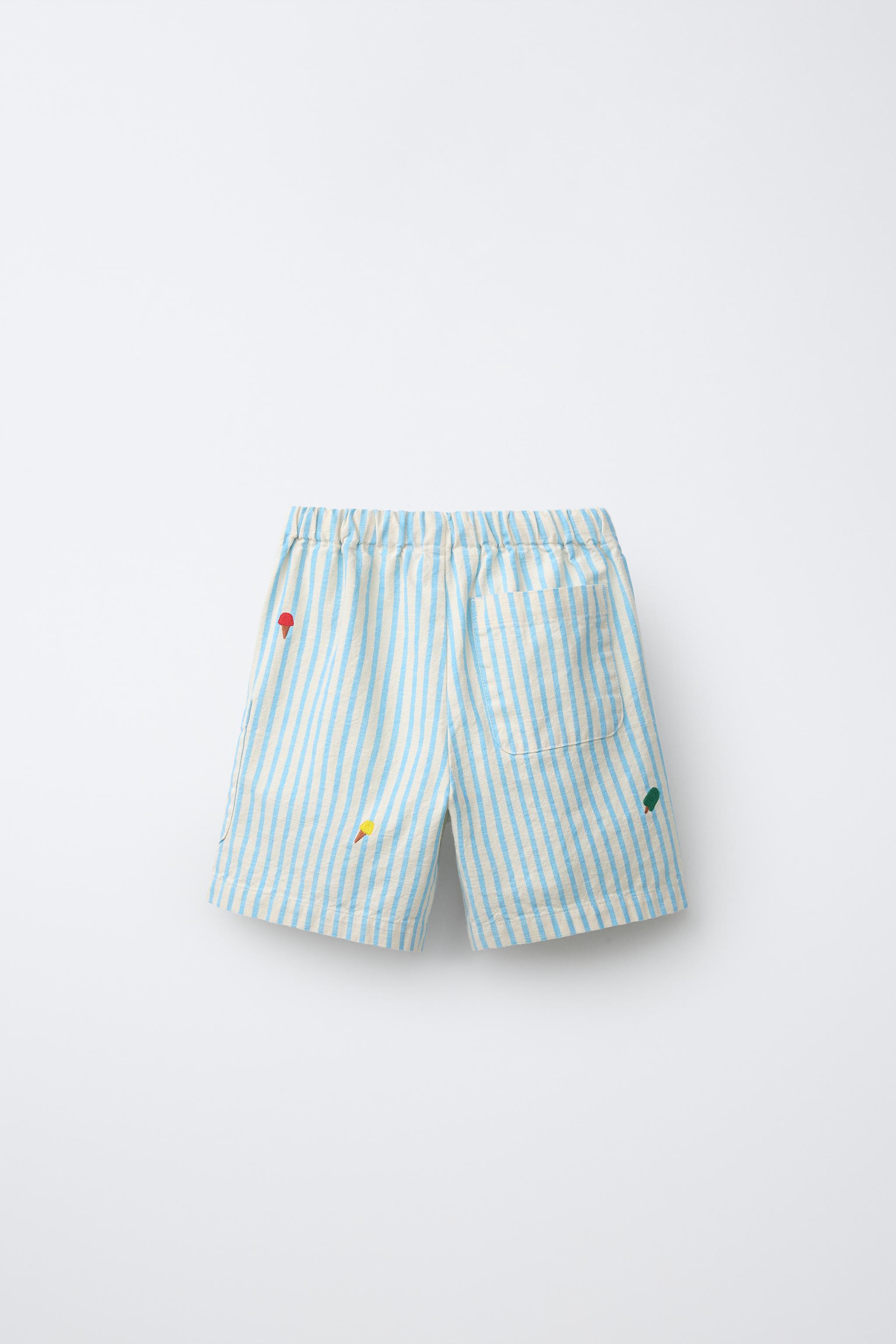 EMBROIDERED STRIPED SHORTS — Blue / White