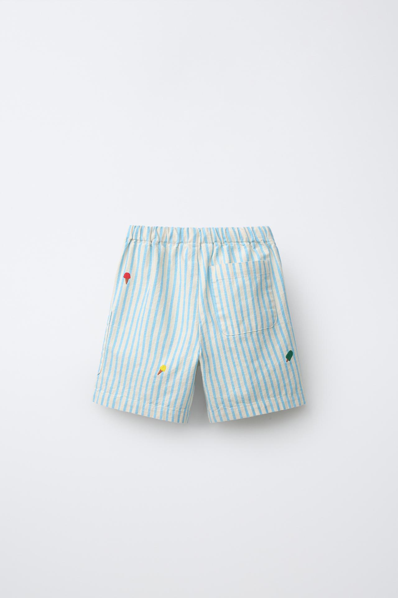 EMBROIDERED STRIPED SHORTS — Blue / White