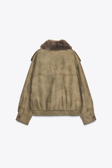 REMOVABLE COLLAR FAUX SUEDE JACKET - Khaki by Zara - Image 8
