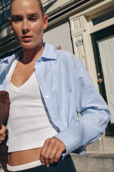 CHEMISE COURTE OXFORD RAYÉE AVEC PLIS À LA TAILLE - Écru / Bleu de Zara - Image 1