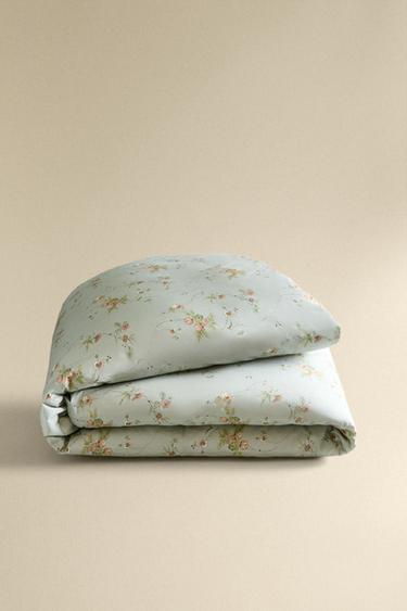 COUETTE SATIN MOTIF BRANCHES FLORALES (300 FILS) - Bleu / Vert de Zara - Image 4